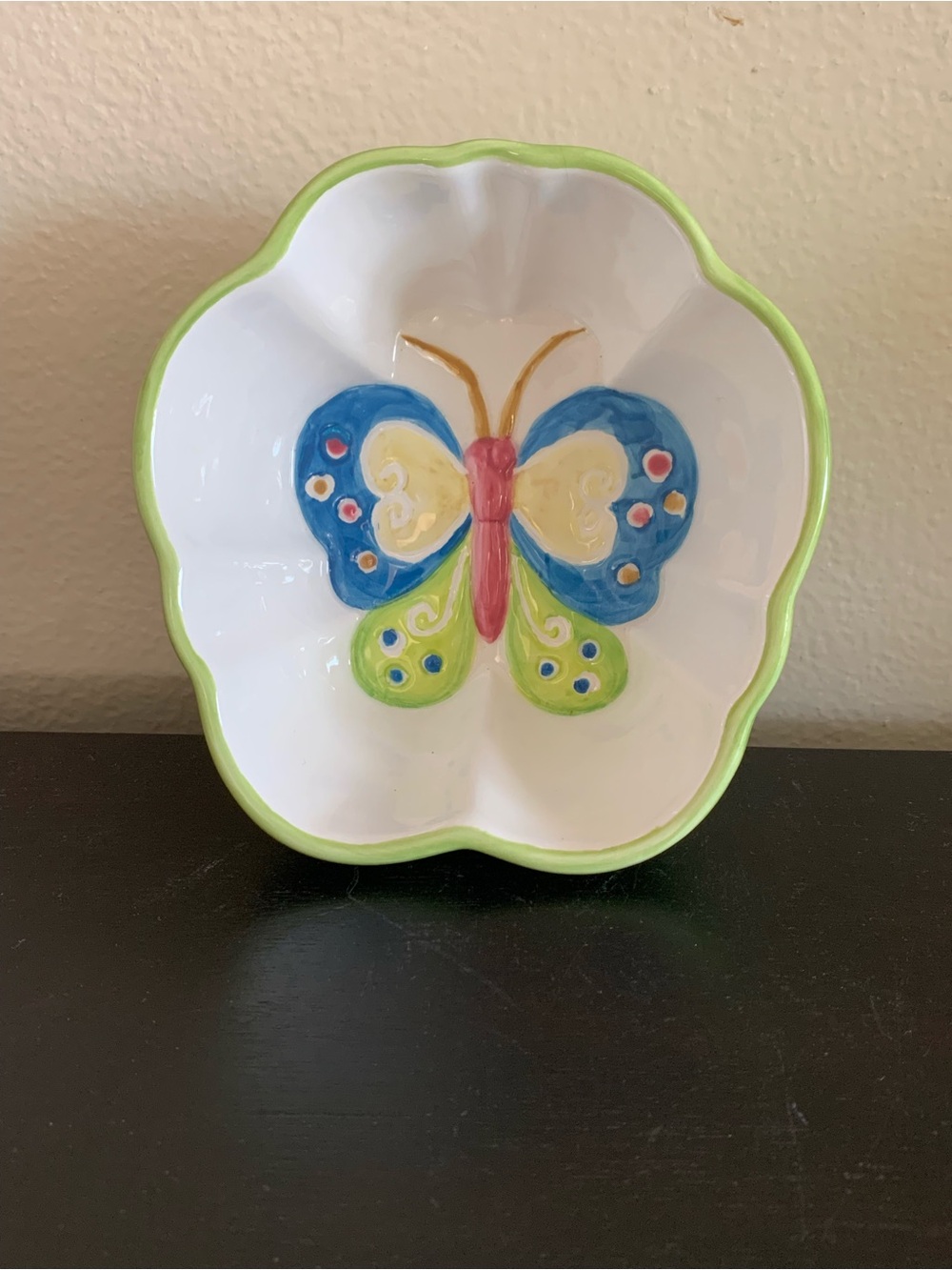 Hand-Painted Butterfly Ceramic Serving Nut Bowl Trinket Dish by Ganz 3D Green